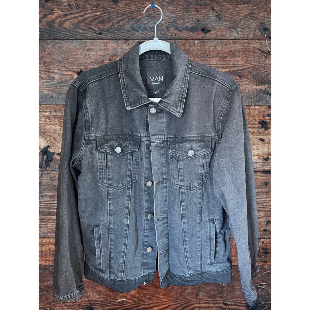 MEN’S-BOOHOO MAN-Dark Grey/Light Black Jean Jacket-US SIZE MEDIUM